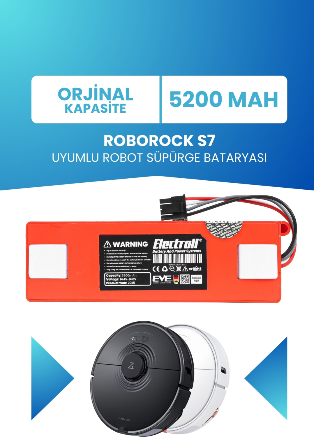 Electroll Roborock S7 Uyumlu Batarya (ORJİNAL KAPASİTE) 5200mah Pil Kutulu Robot Süpürge Bataryası Değişimi