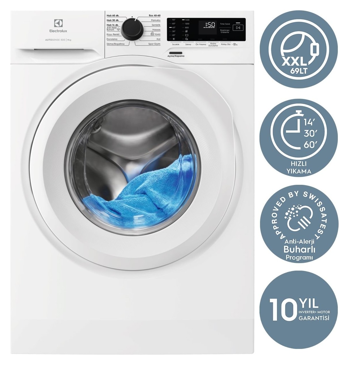 Electrolux EWZF549WT 9 kg 1400 Devir TimeCare 14/30/60 dk Hızlı Yıkama Buharlı Anti Alerji Programlı Inverter Çamaşır Makinesi