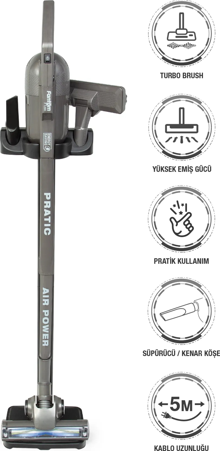 Fantom Pratic Aır Power P 1250 Antrasit Torbasız Dönebilen Turbo Başlıklı Dikey Süpürge