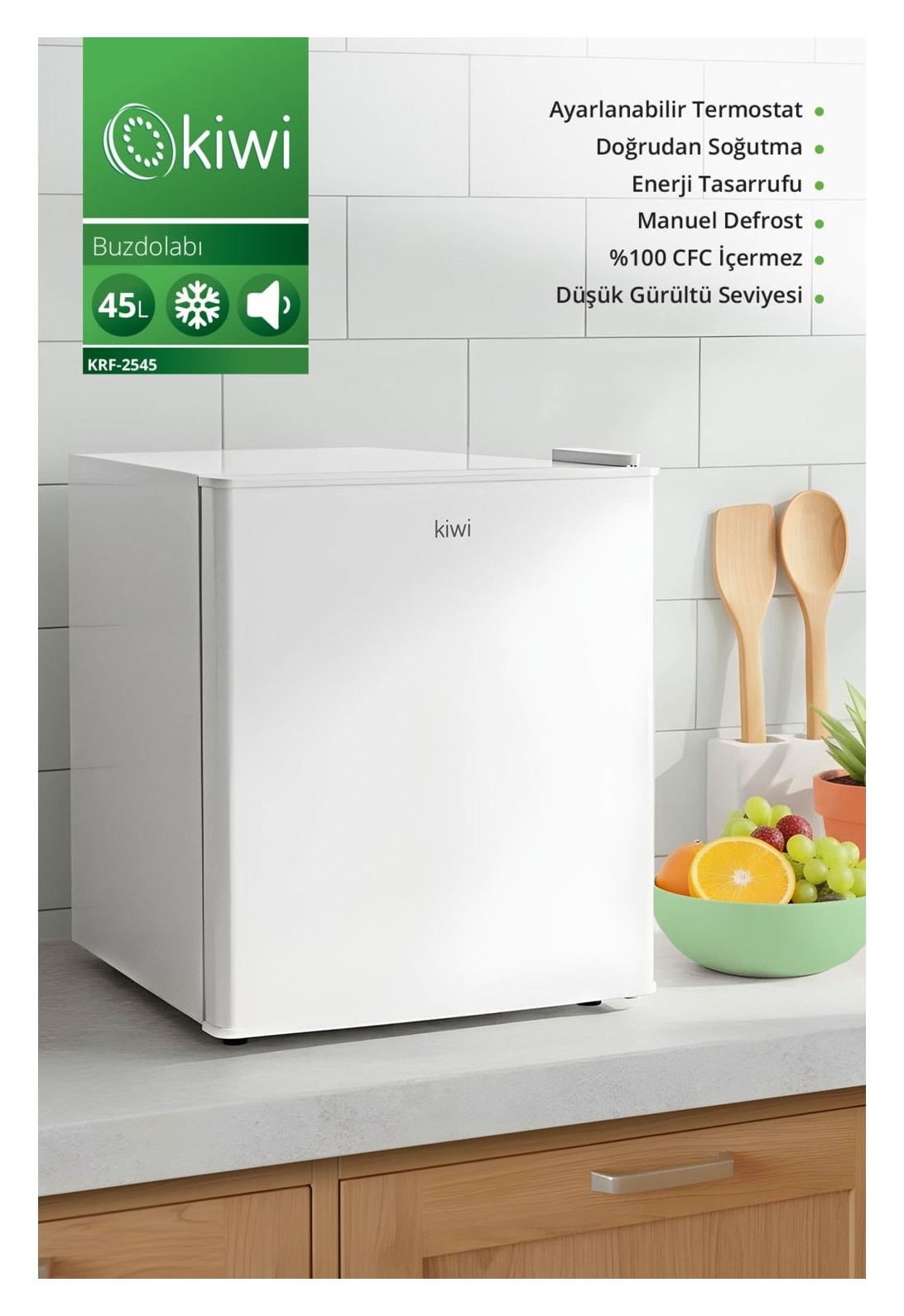 Kiwi KRF-2545  Mini Buzdolabı 45 lt Enerji Sınıfı E Ayarlanabilir Termostat ve Düşük Gürültü Seviyesi