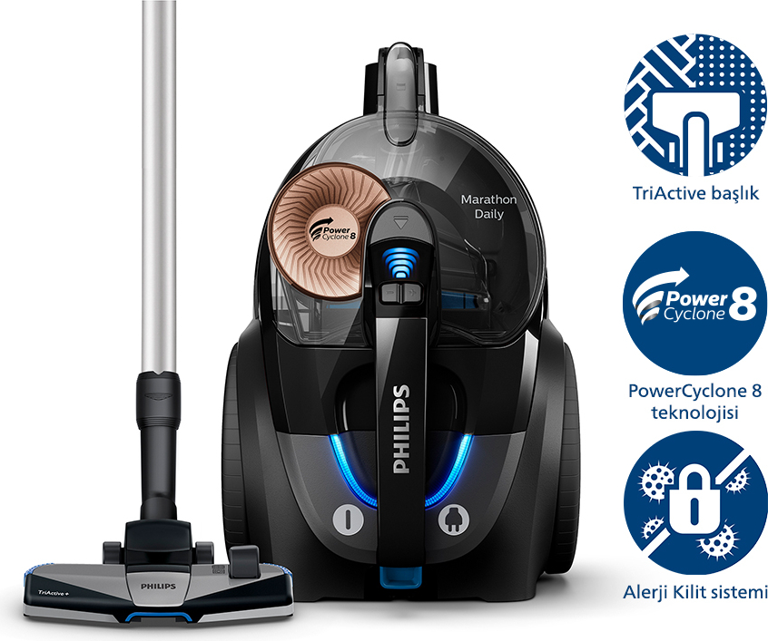 Philips 7000 Serisi Marathon Daily Torbasız Elektrikli Süpürge, 750W, PowerCyclone 8, Alerji Kilit Sistemi, CarpetClean Başlık, XB7150/07