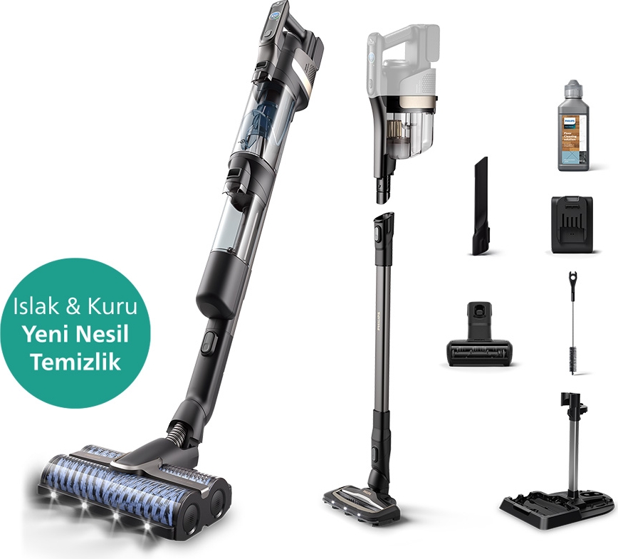 Philips 9000 Serisi AquaTrio Kablosuz Dikey Süpürge, Otomatik Temizleme ve Şarj İstasyonu​, AquaSpin Başlık, PowerCyclone Aqua, XW9463/11