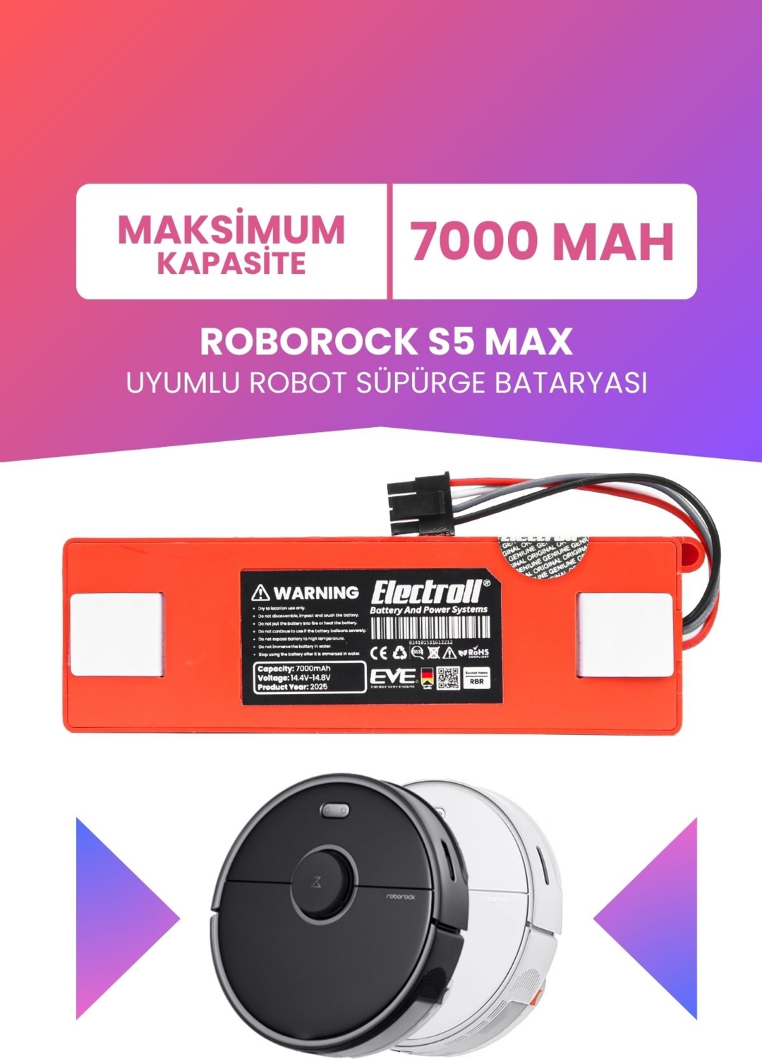 Roborock S5 Max Uyumlu Batarya (MAKSİMUM KAPASİTE) 7000mah Pil Robot Süpürge Batarya Değişimi