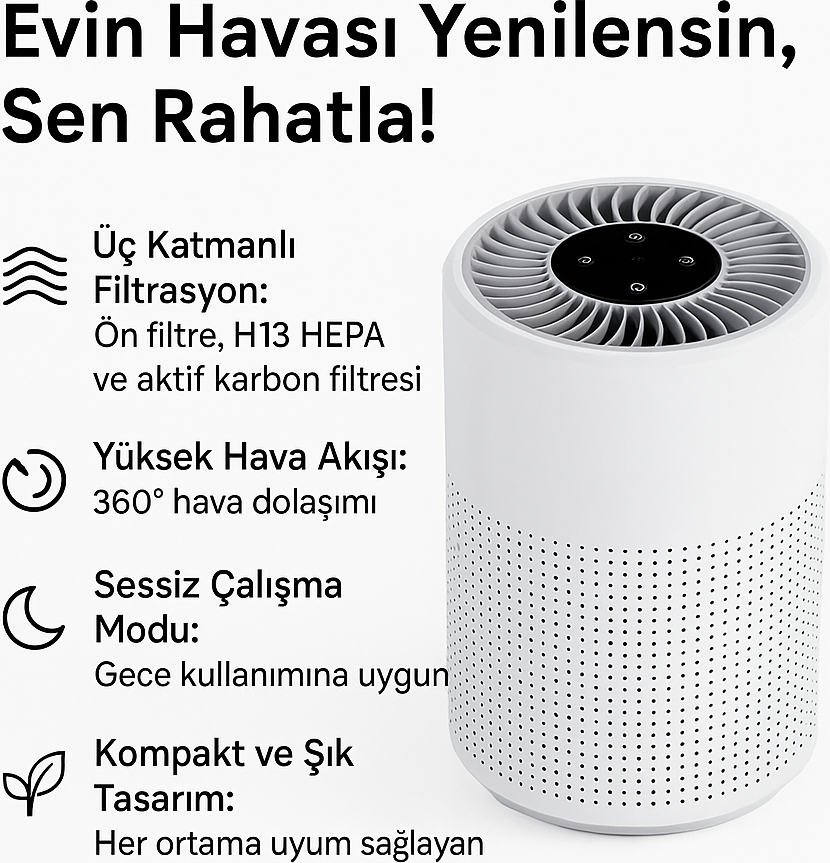 Üç Katmanlı H13 Hepa Filtreli Sessiz Kompakt Hava Temizleyici – Aktif Karbon Filtreli